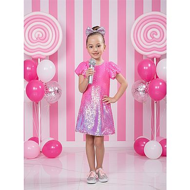 Girls' Bubble Gum Pink Sequin Puff Sleeve Party Dress