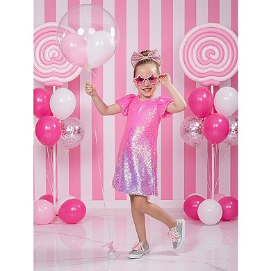 Girls' Bubble Gum Pink Sequin Puff Sleeve Party Dress
