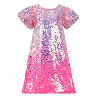 Girls' Bubble Gum Pink Sequin Puff Sleeve Party Dress