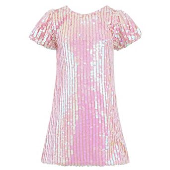 2Bunnies Girls' Hot Pink Sequin Puff Sleeve Shift Party Dress