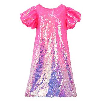 Girls' Bubble Gum Pink Sequin Puff Sleeve Party Dress