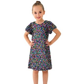 Girls' Black Colorful Stardust Sequin Puff Sleeve Holiday Party Dress