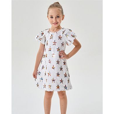 2Bunnies Girls' Galaxy Star Pattern Sequin Puff Sleeve Holiday Party Dress