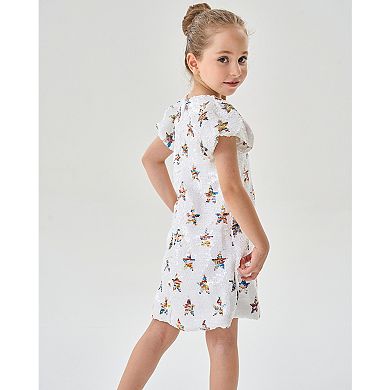 2Bunnies Girls' Galaxy Star Pattern Sequin Puff Sleeve Holiday Party Dress