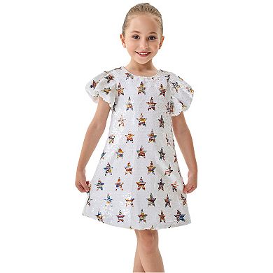 2Bunnies Girls' Galaxy Star Pattern Sequin Puff Sleeve Holiday Party Dress