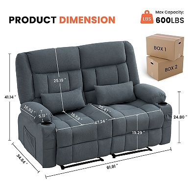 61.81 in. Wide Pillow Top Arm Fabric Rectangle Reclining Sofa with Cupholders
