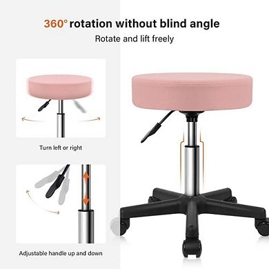 Adjustable Height Pink PU Leather Rolling Salon Stool with Wheels