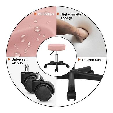 Adjustable Height Pink PU Leather Rolling Salon Stool with Wheels