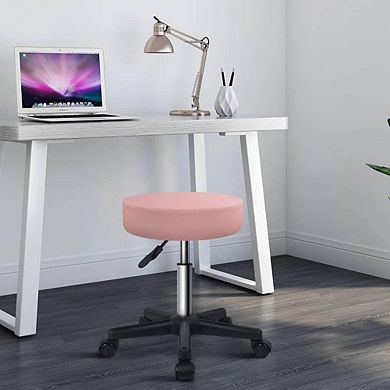 Adjustable Height Pink PU Leather Rolling Salon Stool with Wheels