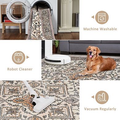 Washed Back Non-Slip Foldable Simulation Printed Area Rug Boho Design, Lightweight Soft Floor