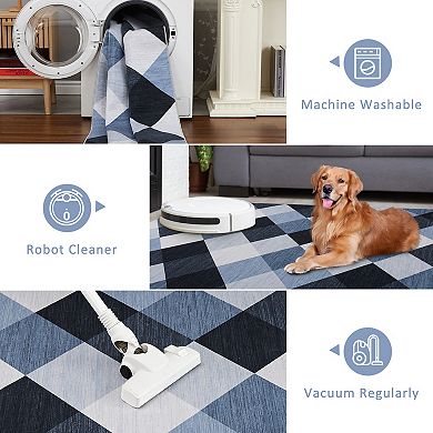 Washed Back Non-Slip Foldable Printed Rug Modern Color Block Carpet