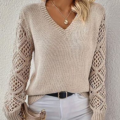 Womens V Neck Hollow Long Sleeve Casual Knitted Sweater Top