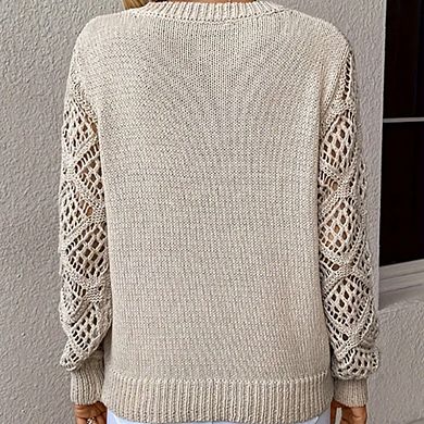 Womens V Neck Hollow Long Sleeve Casual Knitted Sweater Top