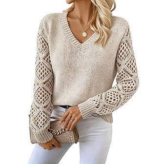 Womens V Neck Hollow Long Sleeve Casual Knitted Sweater Top