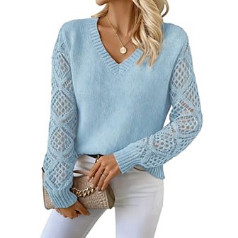 Womens V Neck Hollow Long Sleeve Casual Knitted Sweater Top