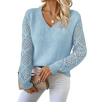 Womens V Neck Hollow Long Sleeve Casual Knitted Sweater Top