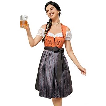The Festive Trio: Women's Classic Dirndl Set with Lace Crop Top and Vintage Apron for Oktoberfest