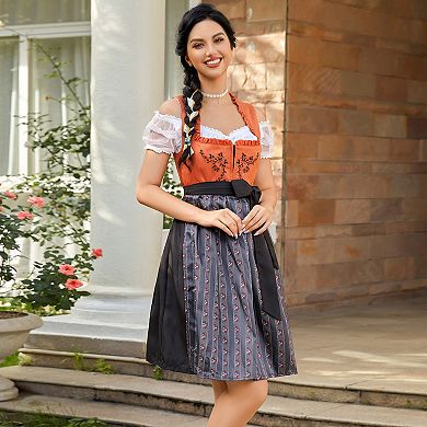 The Festive Trio: Women's Classic Dirndl Set with Lace Crop Top and Vintage Apron for Oktoberfest