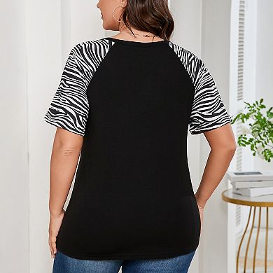 Women Plus Size Blouse Raglan Short Sleeve Shirt Color Block Eyelet Collar Top