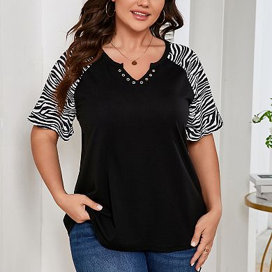 Women Plus Size Blouse Raglan Short Sleeve Shirt Color Block Eyelet Collar Top