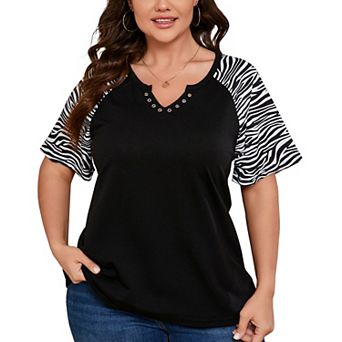 Women Plus Size Blouse Raglan Short Sleeve Shirt Color Block Eyelet Collar Top