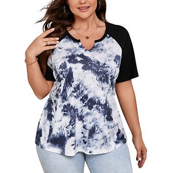 Women Plus Size Blouse Raglan Short Sleeve Shirt Color Block Eyelet Collar Top