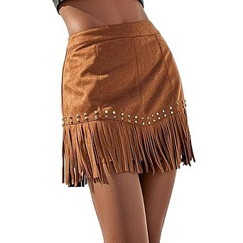 Women's Fringe Mini Skirt with Studs Denim A-Line Short Skirt Casual Boho Beach Party Skirt