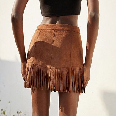 Women's Fringe Mini Skirt with Studs Denim A-Line Short Skirt Casual Boho Beach Party Skirt