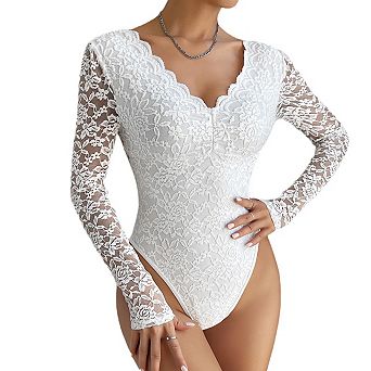 Women's Jumpsuit V Neck Lace Long Sleeve Bodysuit