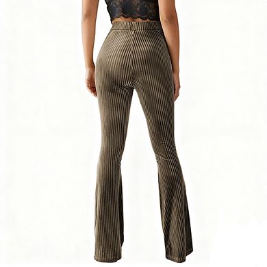 Womens High Waisted Velvet Ribbed Trousers Slim Fit Flare Pants