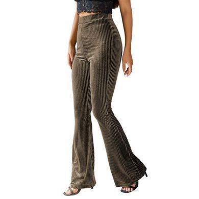 Womens High Waisted Velvet Ribbed Trousers Slim Fit Flare Pants