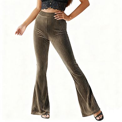 Womens High Waisted Velvet Ribbed Trousers Slim Fit Flare Pants