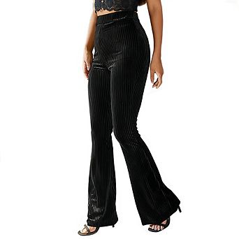 Womens High Waisted Velvet Ribbed Trousers Slim Fit Flare Pants