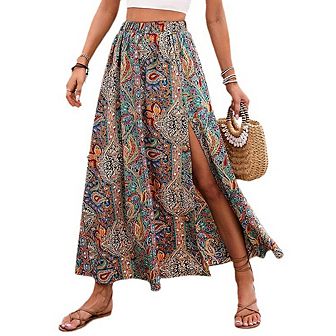 Women's Bohemian Print A-Line Midi Skirt with Side Slit Flowy Vintage Floral High Waist Long Skirt