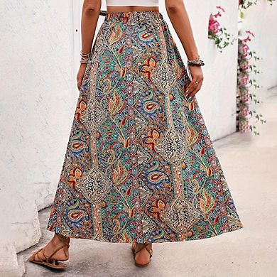 Women's Bohemian Print A-Line Midi Skirt with Side Slit Flowy Vintage Floral High Waist Long Skirt