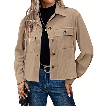 Womens Casual Cropped Corduroy Long Sleeve Button Down Jacket Top