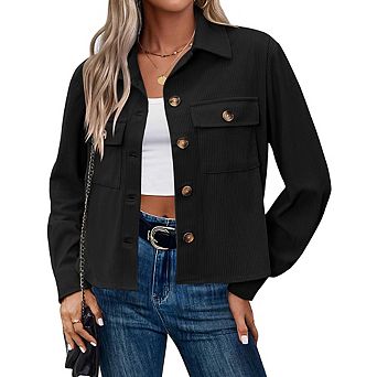 Womens Casual Cropped Corduroy Long Sleeve Button Down Jacket Top