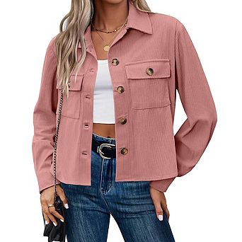 Womens Casual Cropped Corduroy Long Sleeve Button Down Jacket Top