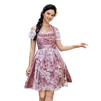 Women's Floral Dirndl Set: Flower Square Neck Dress with Lace-Up Front for Oktoberfest Beer Parties