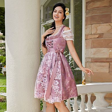 Women's Floral Dirndl Set: Flower Square Neck Dress with Lace-Up Front for Oktoberfest Beer Parties