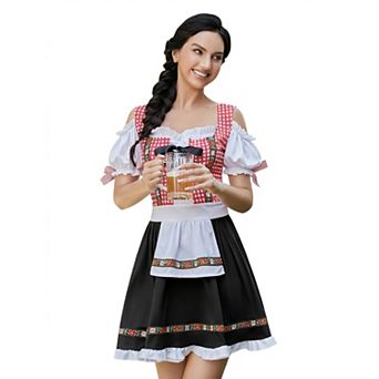 Women's Cold Shoulder Beer Festival Dress Checkered Bodice and Vintage Print Skirt