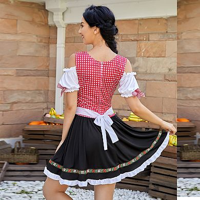 Women's Cold Shoulder Beer Festival Dress Checkered Bodice and Vintage Print Skirt