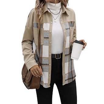 Womens Collar Plaid Color Block Long Sleeve Button Down Shirt Jacket