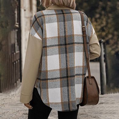 Womens Collar Plaid Color Block Long Sleeve Button Down Shirt Jacket