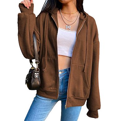 Womens Hooded Fleece Lined Sweatshirt Long Sleeve Zip Up Jacket