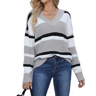 Women Casual Striped Sweater Tops Long Sleeve Shirts V Neck T Shirts Fall Tunic Blouse