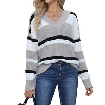 Women Casual Striped Sweater Tops Long Sleeve Shirts V Neck T Shirts Fall Tunic Blouse