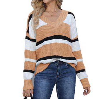 Women Casual Striped Sweater Tops Long Sleeve Shirts V Neck T Shirts Fall Tunic Blouse