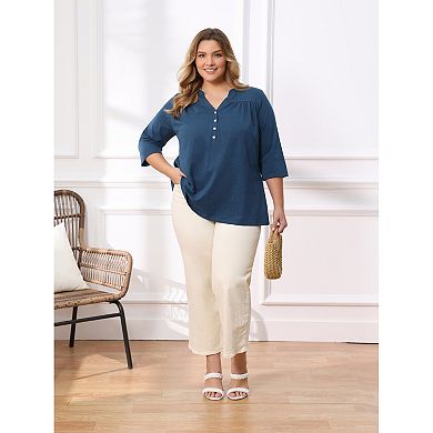 Plus Size Blouse for Women 3/4 Sleeve Casual Blouses Notch Neck Pleated Button Front Shirts Tops