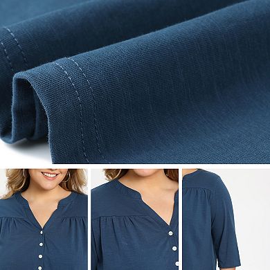Plus Size Blouse for Women 3/4 Sleeve Casual Blouses Notch Neck Pleated Button Front Shirts Tops
